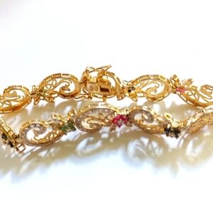 Sterling Silver Diamond & Multi Natural Gemstones Floral Bracelet Size 7"
